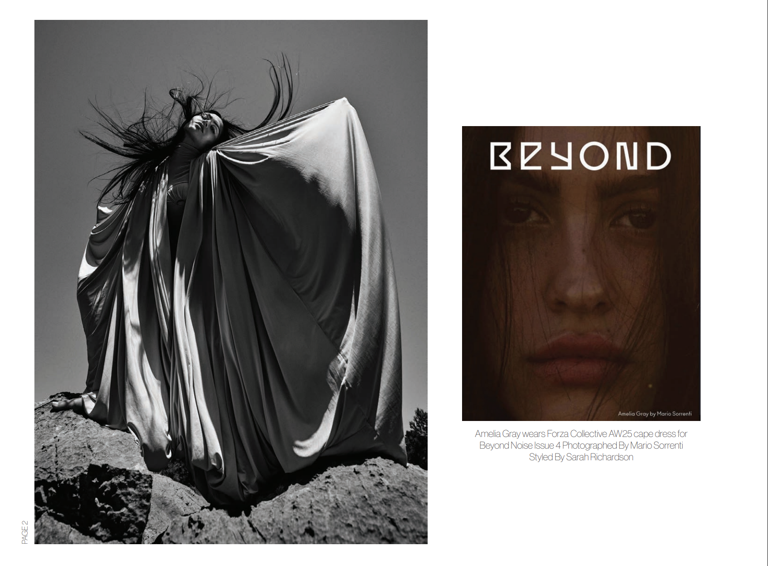 Beyond Noise Issue 4 — Amelia Gray wears Forza Collective AW25 cape dress, photographed by Mario Sorrenti