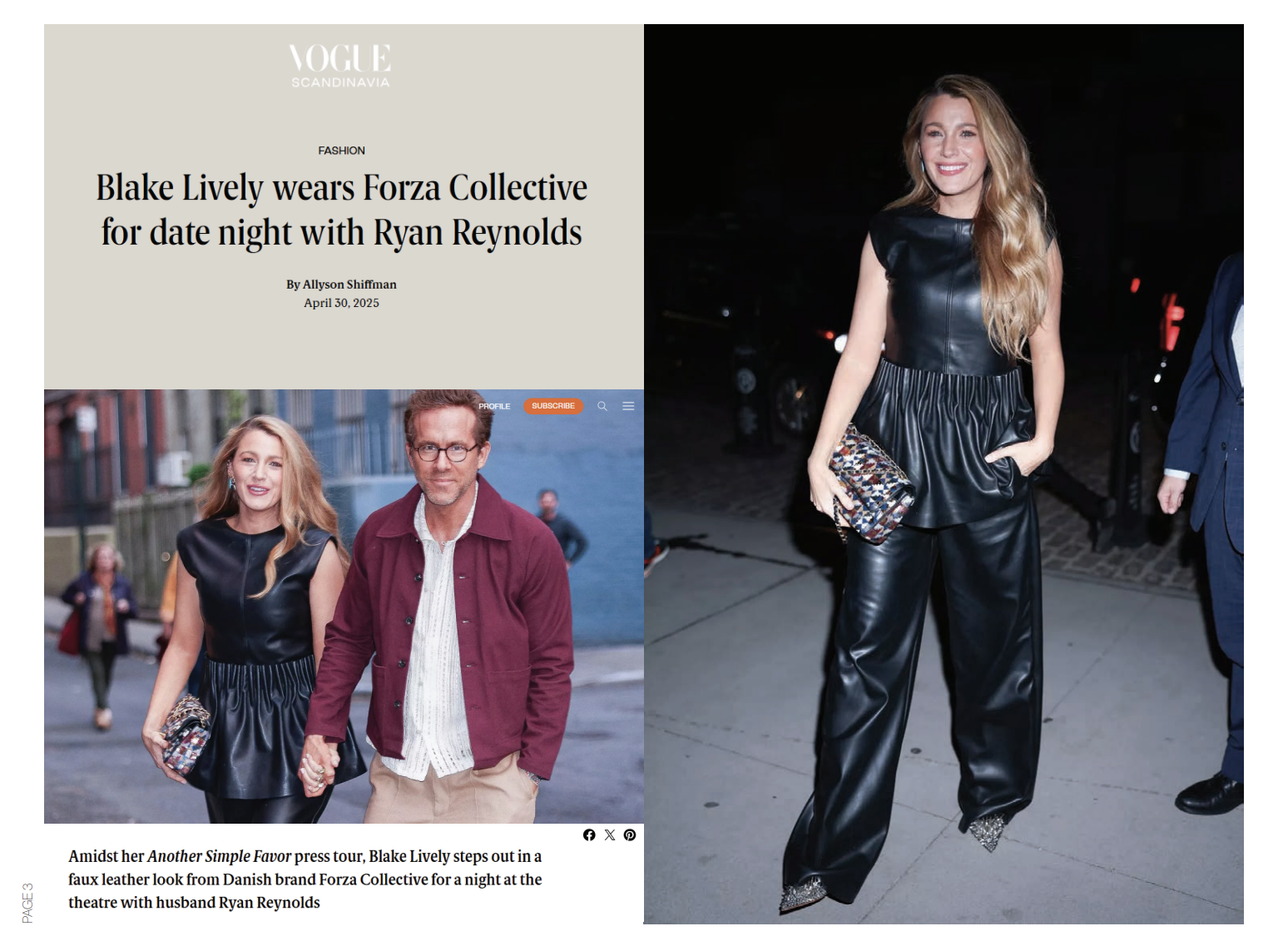 Vogue Scandinavia — Blake Lively wears Forza Collective for date night with Ryan Reynolds, April 2025